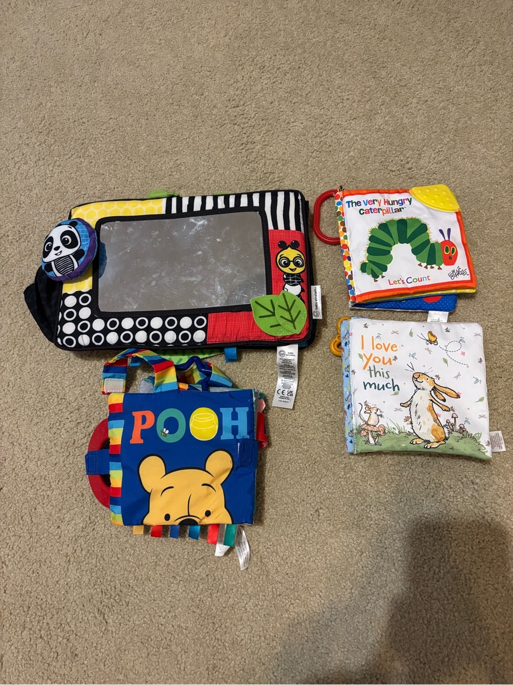 Infant Toy Bundle- Three Soft Baby Cloth Books and Tummy Time Mirror